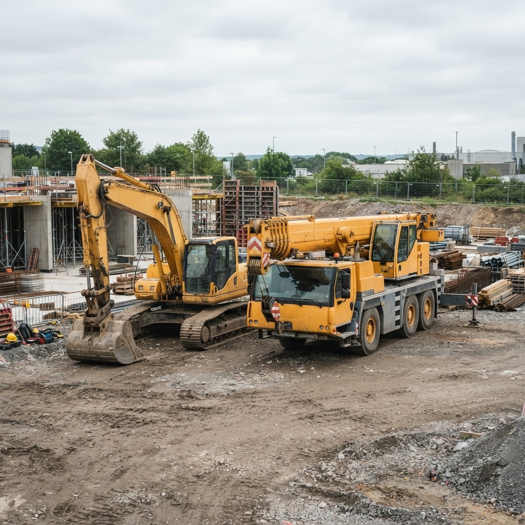 Excavator and mobile crane parked on a construction site